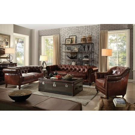 Vintage Dark Brown Leather Tufted Sofa Set 4pcs Acme