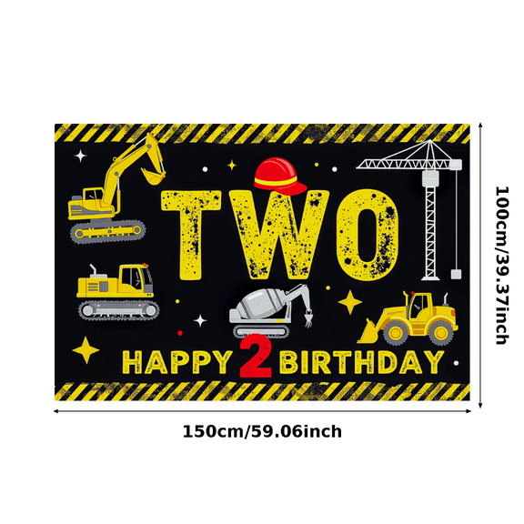Construction Themed Happy 2 Birthday Banner with Tractors Cranes Helmets for Birthday Party Decorations Backdrop Photography Props Party Supplies
