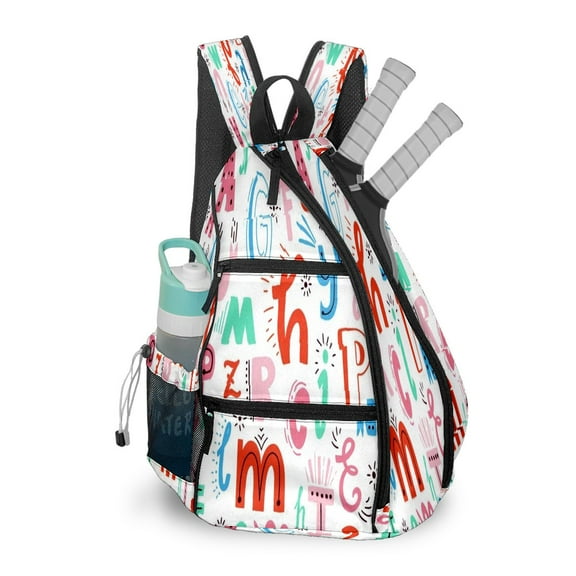 Pickleball Shoulder Bag for Men and Women - Fence Hook - Crossbody Backpack with Water Bottle Holder Alphabet Pattern