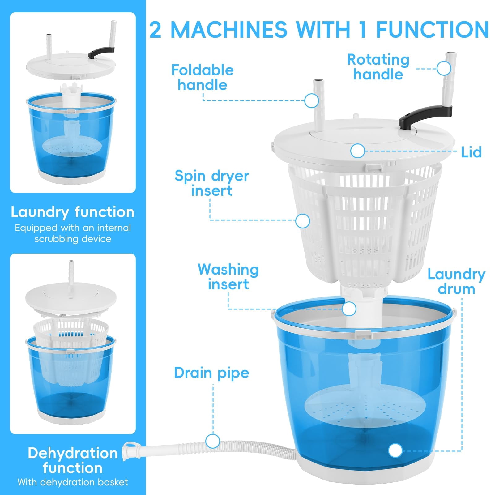 2 in 1 Portable Manual Washing Machine – Mini Hand Crank Washer & Spin Dryer, Non-Electric Compact Laundry Washer for Camping, Dorm, Apartment, Travel