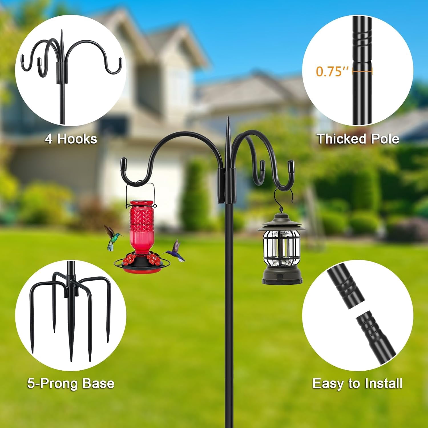 [Upgrade Version 76 Inch Three Shepherd Hooks for Outdoor,Bird Feeder Pole with 5 Prong Base, Adjustable Shepard Hooks for Hanging Plant, Solar Lanterns, Wind Chimes, 1 Pack