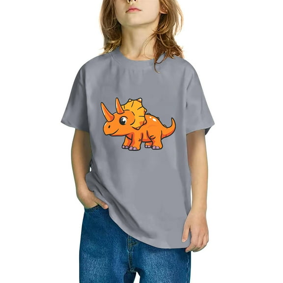 Odeerbi Toddler Boys Girls T-shirt Dinosaur Print Short Sleeve Cotton Tee Tops Kids Fashion Cute Round Neck Cartoon Print Tees Gray