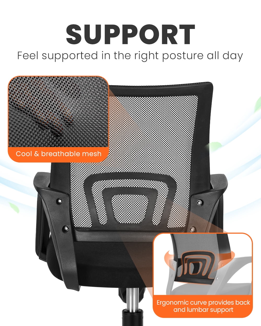 NEO CHAIR Office Desk Computer Chair Ergonomic Mesh Gaming Cushion Seat with Comfy Lumbar Mid Back Support Adjustable Height Swivel Rolling Wheels for Home Task (2 pk - Black)
