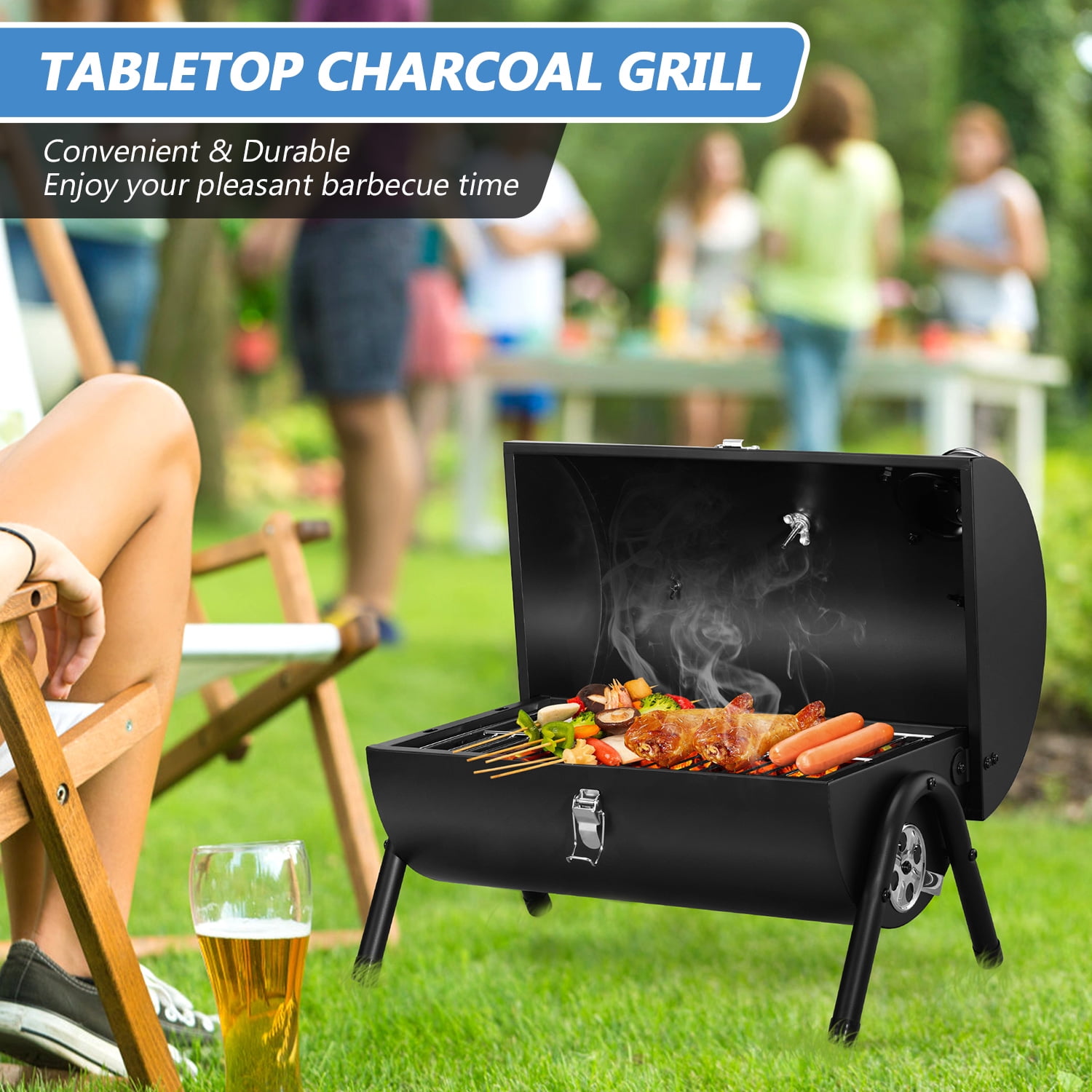 Walchoice Portable Charcoal Grill Set of 23, Small Tabletop Barbecue Grill with Grilling Accessories for Outdoor Cooking Camping Backyard Beach, Thermometer & Chimney, Black