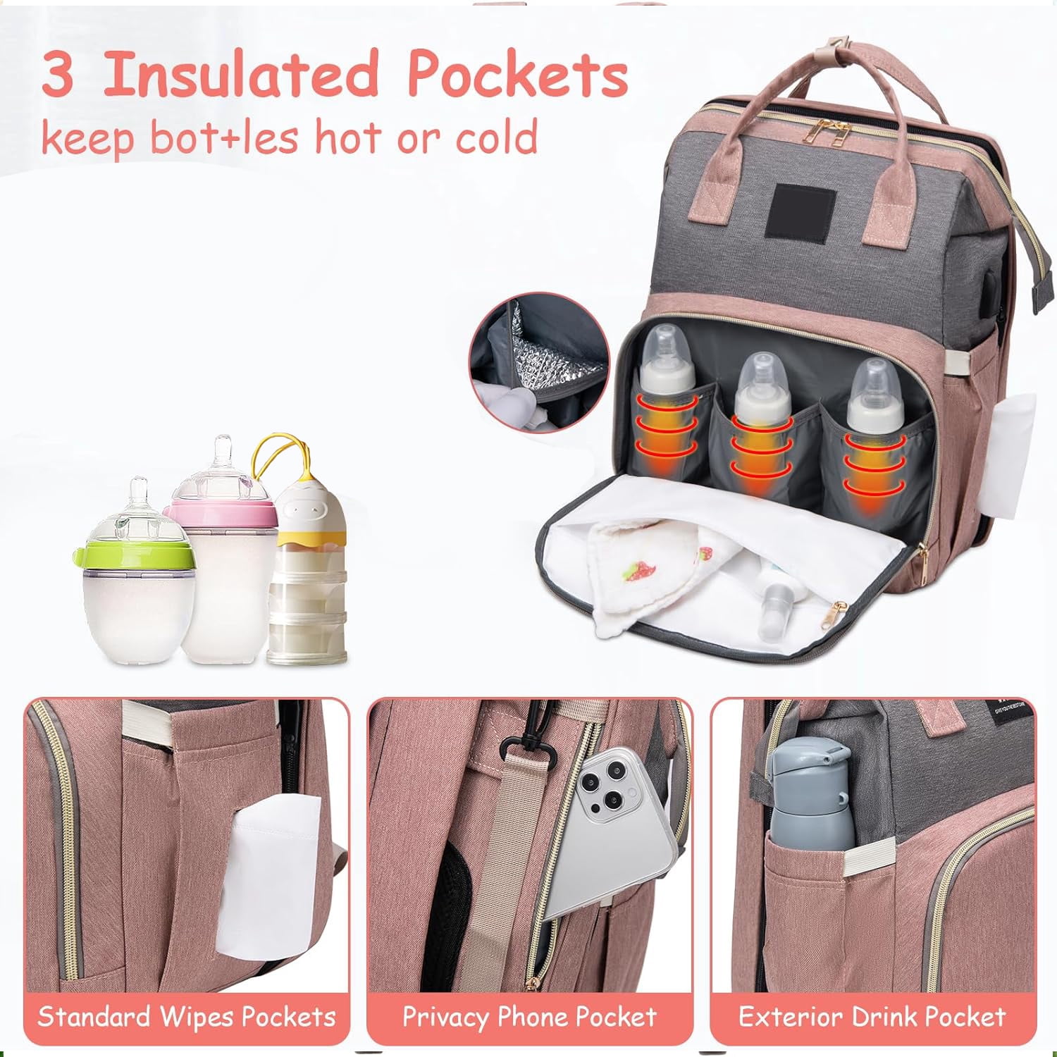 Diaper Bag Backpack，Baby Diaper Bags, Baby Shower Gifts, Multifunctional diaper backpack Large Capacity, (Pink)