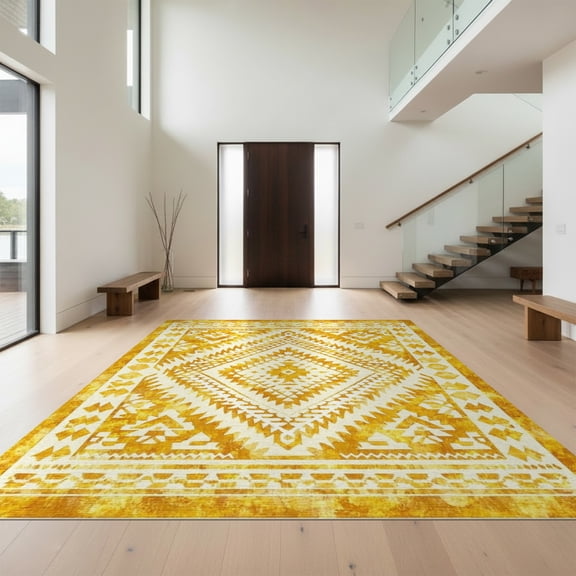 Design&I 8'x10' Washable Area Rug Extra Large Skid-Resistant Low Profile Spotted Southwestern Geometric Abstract Farmhouse Border Motifs for Living Room, Family