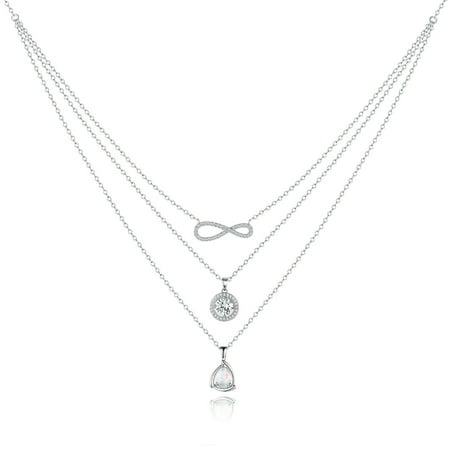 Double Swarovski Crystal Drop Necklace - Rhodium-Plating Fire Opal with Swarovski Crystal Tripe Strand Necklace