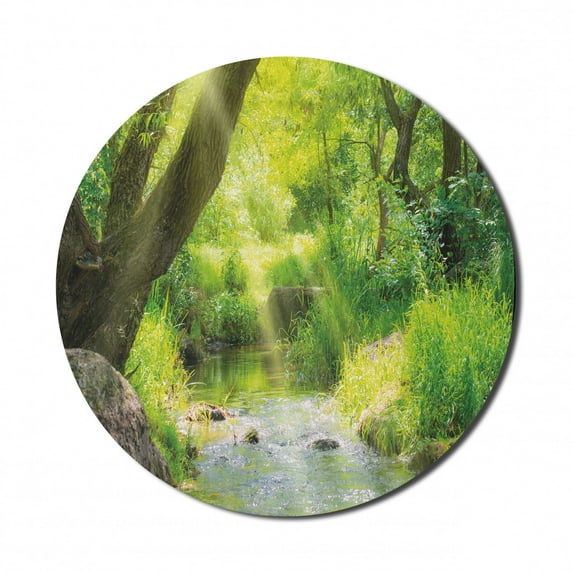 Forest Mouse Pad for Computers, Stream Cascade in Tropical Forest Among Trees Jungle Woodland Serene Landscape, Round Non-Slip Thick Rubber Modern Mousepad, 8" Round, Brown Lime Green, by Ambesonne