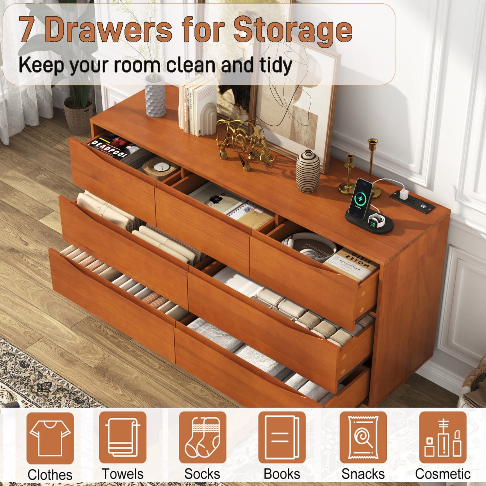 ChVans 7 Drawer Dresser with Power Outlets, Solid Wood Dresser for Bedroom, Mid-Century Modern Closet Dresser w/ Groove Handle for Living Room Hallway Entryway