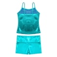 thumbnail image 4 of TiaoBug Kids Girls Yoga Workout Outfit Shiny Metallic Camisole Top with Shorts Gymnastic Dance Costume Blue Green 14, 4 of 5