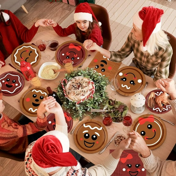 YUYAN-Gingerbread Christmas Paper Plates and Napkins Set, 60Pcs Gingerbread Face Christmas Party Supplies Cute Expressions Xmas Dinner Plates Napkins for Xmas Winter Holiday Party Decorations