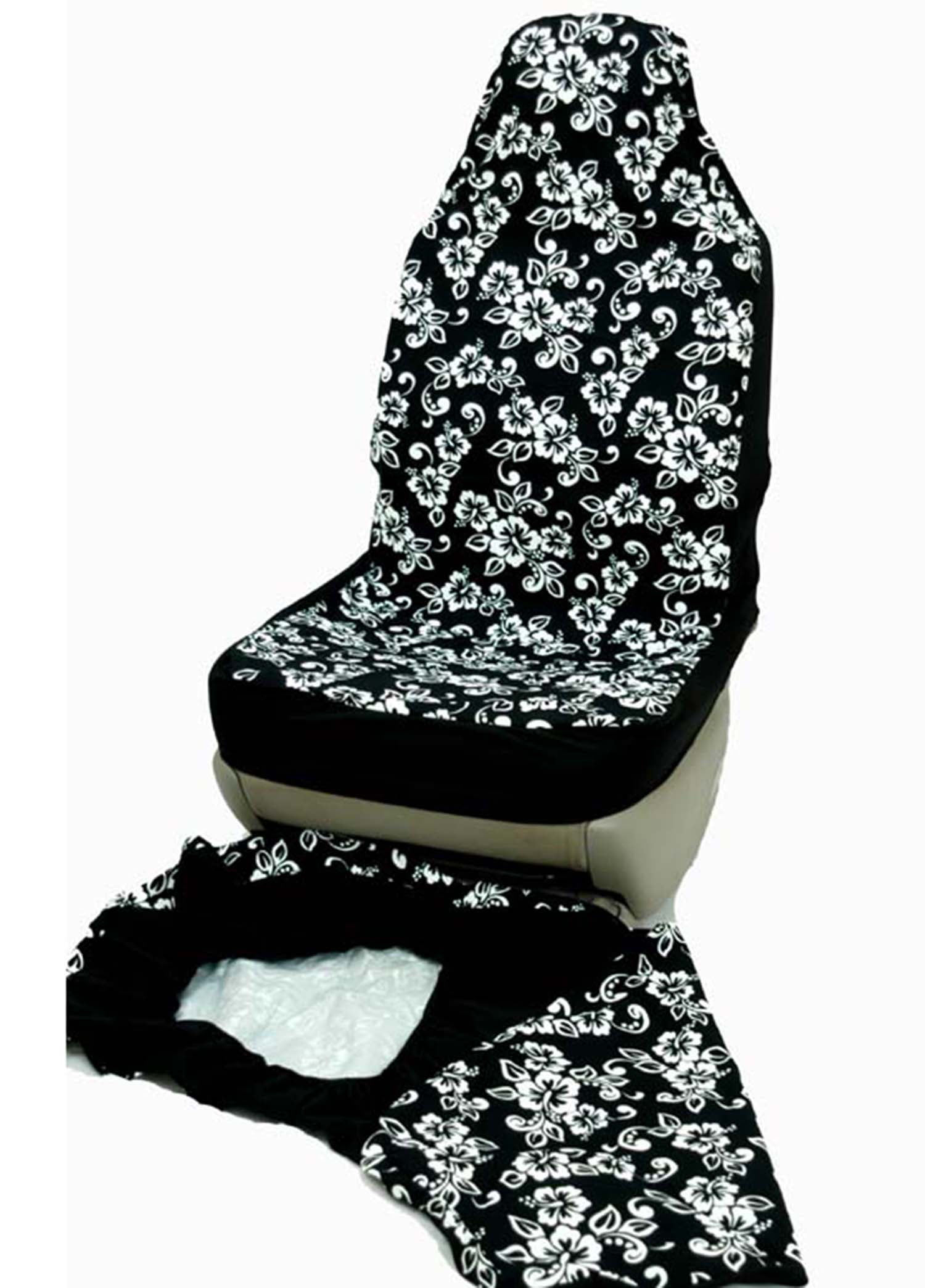 Hawaiian Car Seat Covers, Black & White Flower, set of 2 Front Bucket