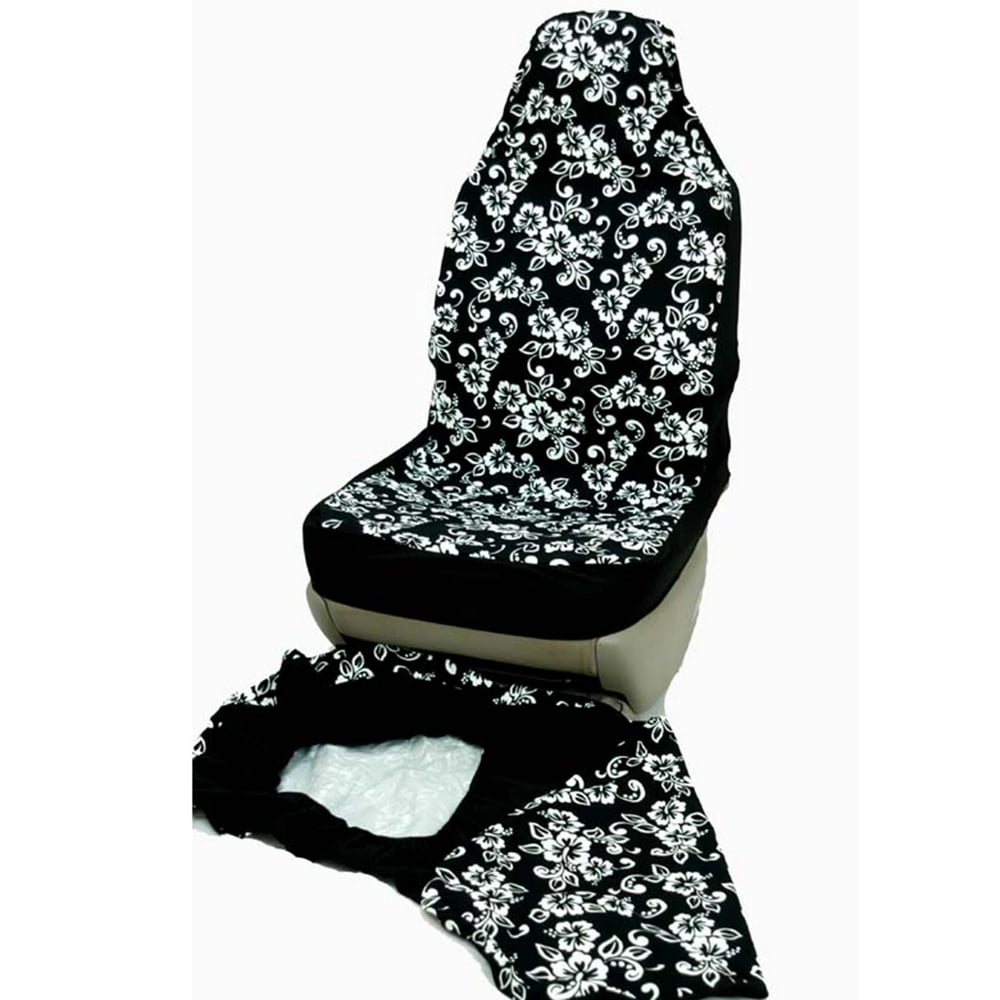 Hawaiian Car Seat Covers, Black & White Flower, set of 2 Front Bucket seat covers, Made in