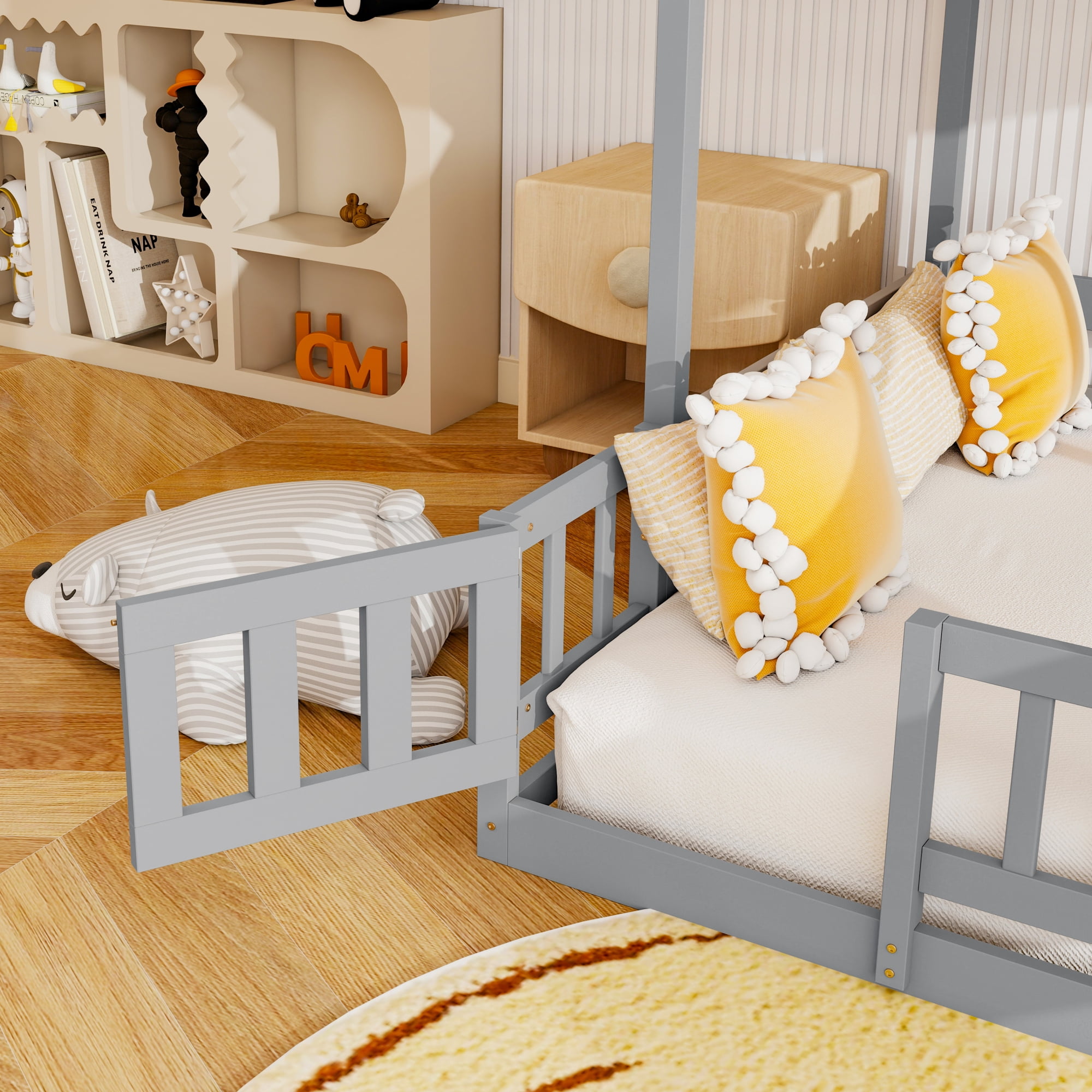 HOQBN Twin over Full Bunk Bed with Slide, Storage Staircase, Pine Solid Wooden Bunk Bed with Safety Guardrails for Bedroom, Grey