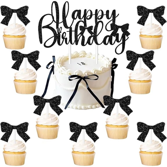 Black Bow Cake Topper 13Pcs Glitter Bow Theme Happy Birthday Cake and Cupcake Toppers Conqutte Birthday Cake Decorations for Girls Women Bday Party Supplies