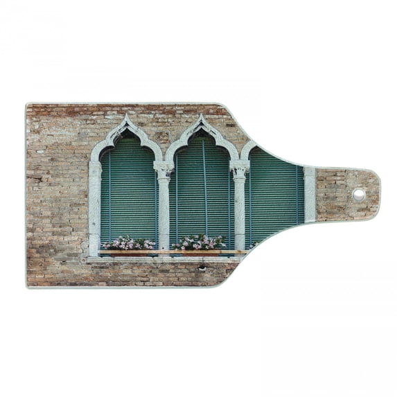 Venice Cutting Board, Traditional Gothic Style Windows with Flower Pots on Brick Wall, Decorative Tempered Glass Cutting and Serving Board, Wine Bottle Shape, Pale Brown White Blue, by Ambesonne