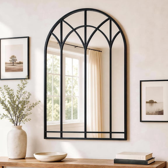 Saliwa Arched Wall Mirror, Black Metal Frame, 35.5" x 23.6" Decorative Mirror for Bedroom, Bathroom, Living Room and Entryway