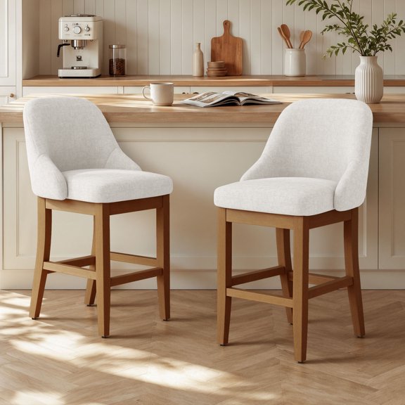 Set of 2 Chenille Upholstered Bar Stools in Neutral Green 26 Inch Counter Height Chairs with Solid Wood Legs
