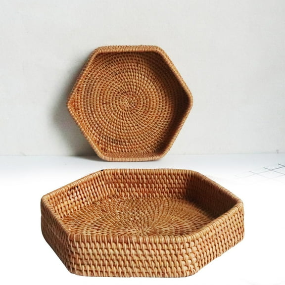 Rattan Hex Tray Desktop Decor Coffee Table Tray Fruit Serving Trays Sandwich Containers Table Decorations Wicker Picnic Basket Woven Bread Basket Wooden Vintage Cups And Plates