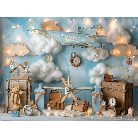 Model Airplane l Retro Globe Blue Marine Photography Backdrops Props Baby Newborn Birthday Party Photo Background HD-01