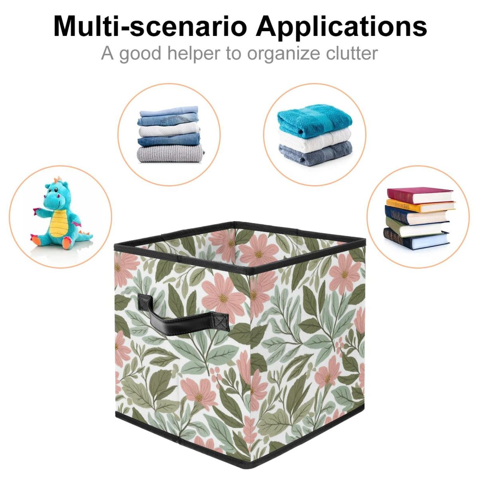 RATGDN Collapsible Fabric Cube Storage Bin with Double Handles for Living Room Bedroom Office Black - Plush Leaves Fresh Flowers