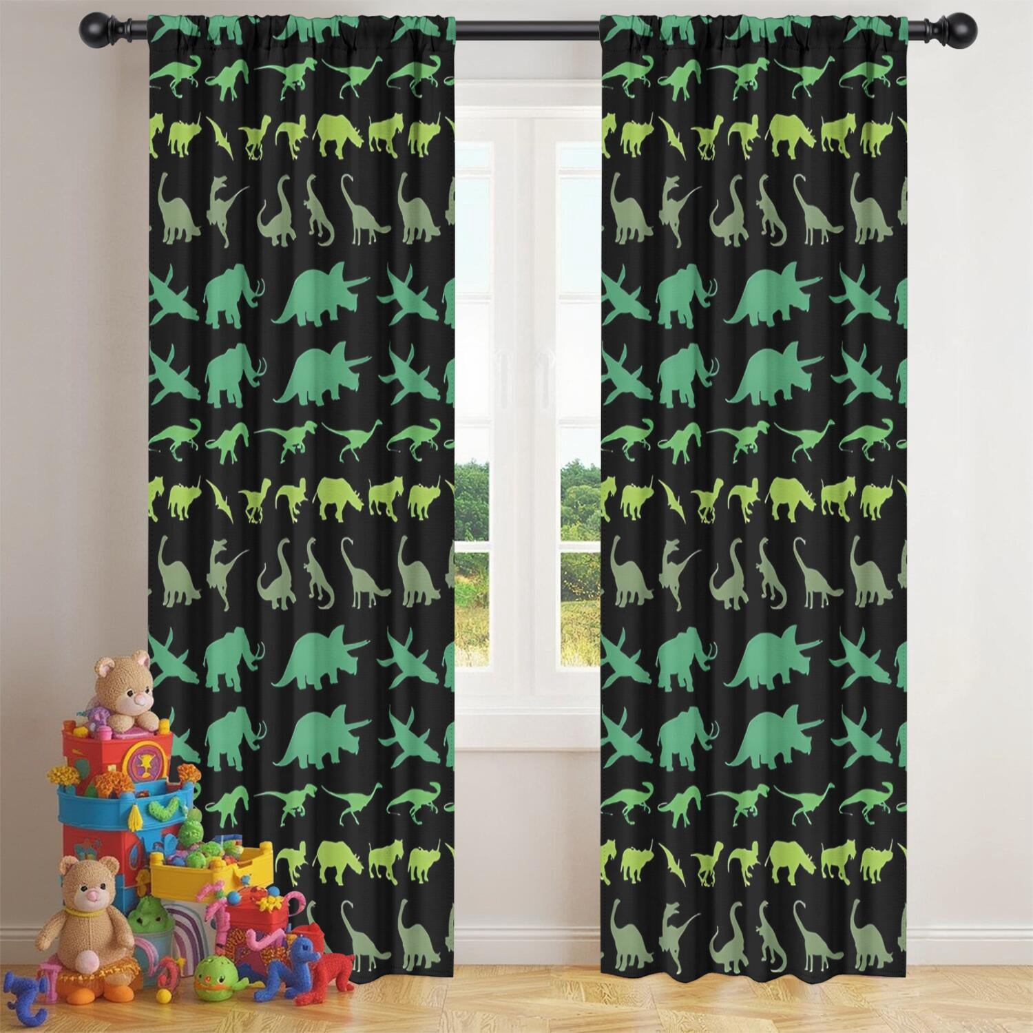Blackout Kids Curtains,Green Dinosaurs MultiShapes Pattern Childrens Insulated Curtains Set Of 2,Bedroom Essentials,Toddler Room Decor 42"x84"