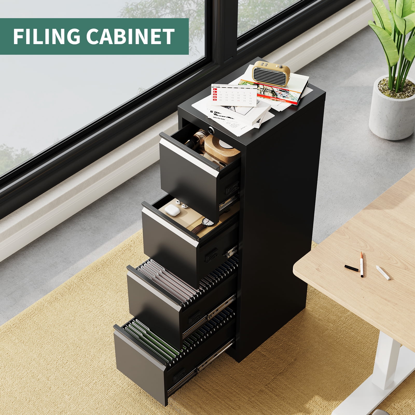 Accreate 4 Drawer File Cabinet with Lock, Vertical Filing Storage Cabinet, Metal Filing Cabinets, Steel Lockable Storage Cabinets for Home Office, Legal/Letter Size File
