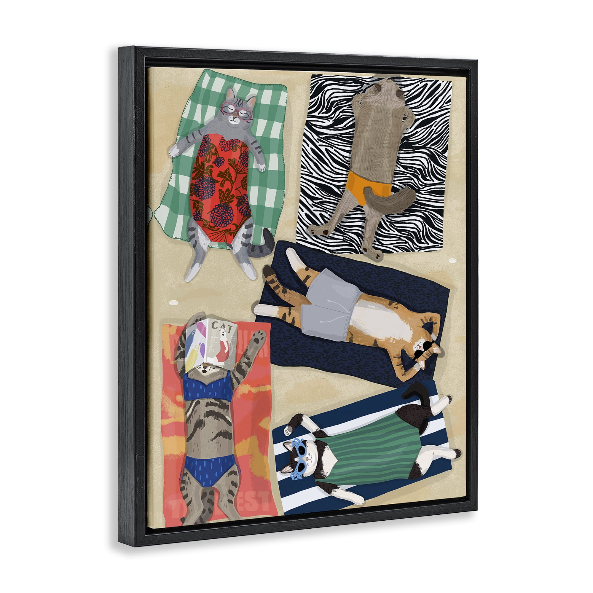 Stupell Industries Summer Sunbathing Cats Black Framed Floater Canvas Wall Art, design by Hanna Melin