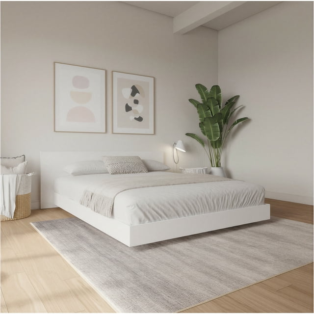 Nexera Satori Low Platform King Bed with Headboard, White Oak