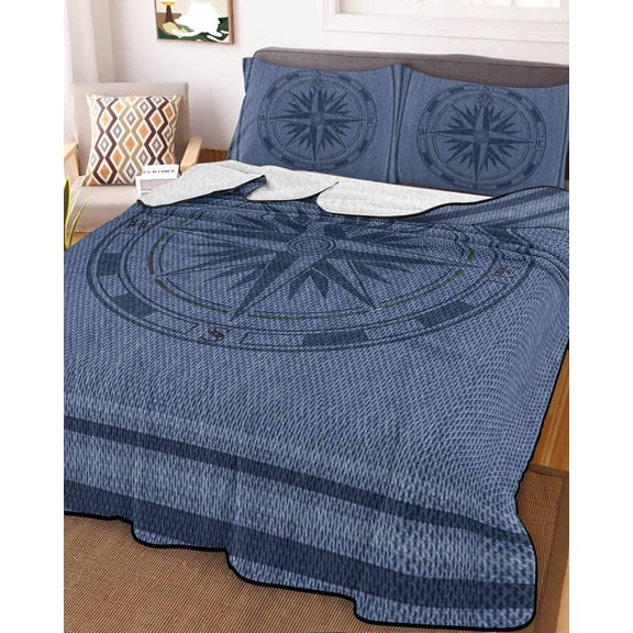 Nautical Compass Queen Size Down Alternative Comforter, Lightweight Comforter Quilt Bedding Set with Pillow Shams Navy Blue Striped Coastal Compass All Seasons Bed Comforter Duvet Insert 90"x96"
