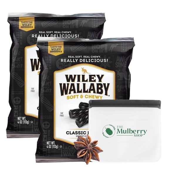 Wiley Wallaby Australian Black Licorice Bundle Includes Classic Gourmet Liquorice Soft & Chewy Candy Twists (Pack of 2) With Reusable Storage Snack Bag by The Mulberry Shop