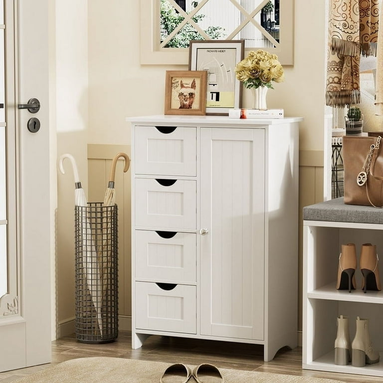 Storage Drawers FOTOSOK Bathroom Storage Cabinet - 4 Drawer Freestanding  Organizer, 11.8x11.8x32.5", White MDF Freestanding 4 Drawer Cabinet
