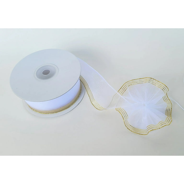White 1-1/2 Sheer Organza Ruffle Type Wide String Pull Bow Ribbon with Gold Edge 25Yards Gift Wrapping Favor Decorating
