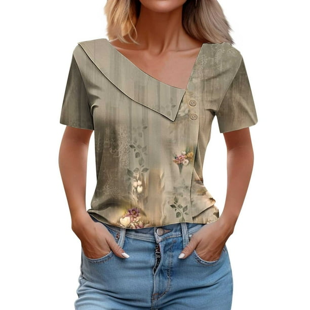 Camisetas de Manga Corta para las Mujeres a Cuadros Impreso Botón Casual Camiseta, Camisetas de Mujer Casual para Primavera Verano