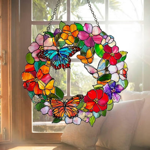 Era Gift Acrylic Flower Wreath Suncatcher, Butterfly Floral Home Decor, Faux Stained Glass Colorful, Flower Window Hanging, Gift for Mom and Grandma