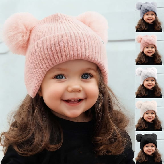 BXJX Girls Knit Pom‑pom Beanies, Cute Comfortable Stretchable Warm Winter Hats Pink Size Free Size