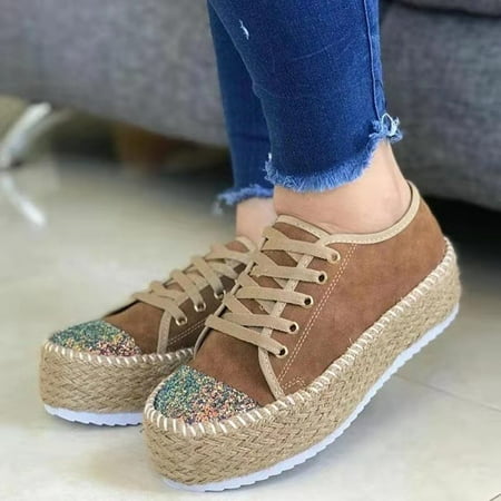 

YOTAMI Fall Espadrilles for Women Cozy Round Toe Platform Walking Shoes Trendy Bandage Splicing Sequins Sports Casual Flat Heel Single Shoes
