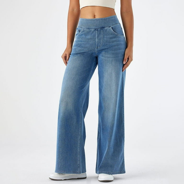 High Waisted Wide Leg Jeans for Women Pull on Stretchy Straight