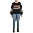 thumbnail image 4 of Dreamers by Debut Women's Plus Size Rainbow Striped Sweater with Puff Sleeves, 4 of 5