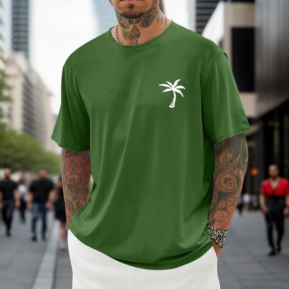 Tshirts Shirts for Men Tropical Print Summer Short Sleeve Loose Fit T-Shirts Classic Beach Vacation Relaxed Fit Shirts for Men Army Green L