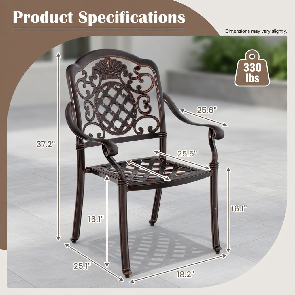 Hommoo 2-Pack Stackable Cast Aluminum Patio Dining Chairs in Red Copper, Rustproof, Weather-Resistant Outdoor Armchairs with Ergonomic Design & Adjustable Feet, Brown+Black