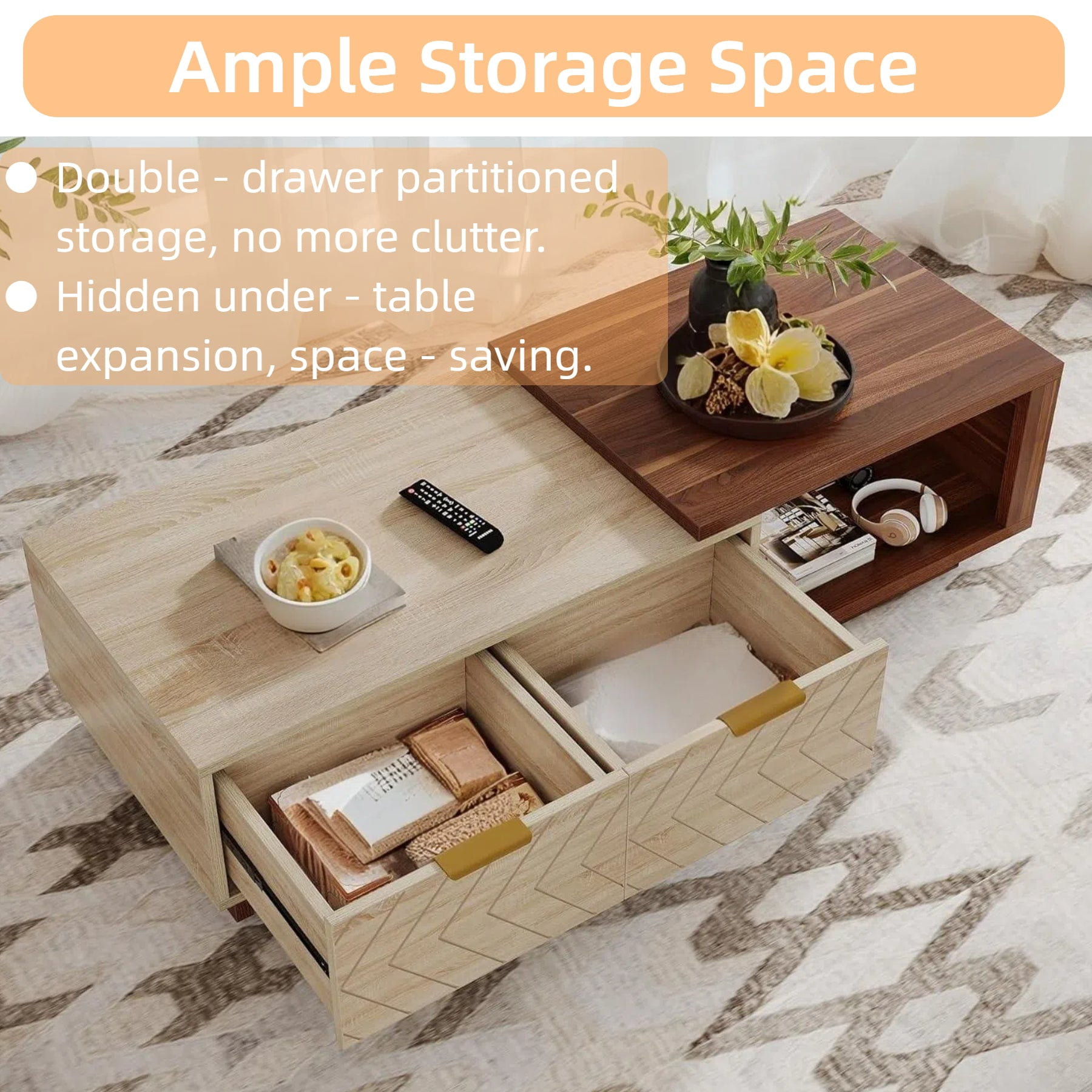 Fnova Modern Extendable Coffee Table with 2 Drawers, 42"-65" Expandable Wood Coffee Table for Living Room, Walnut & Oak