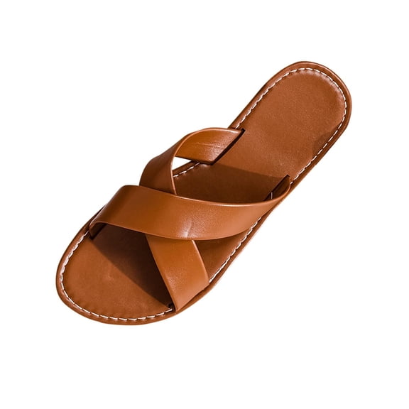 Wensltd Women's Sandals Summer Casual Retro Beach Outdoor Plus Size Wide Strap Sandals Open Toe Flat Sole Brown