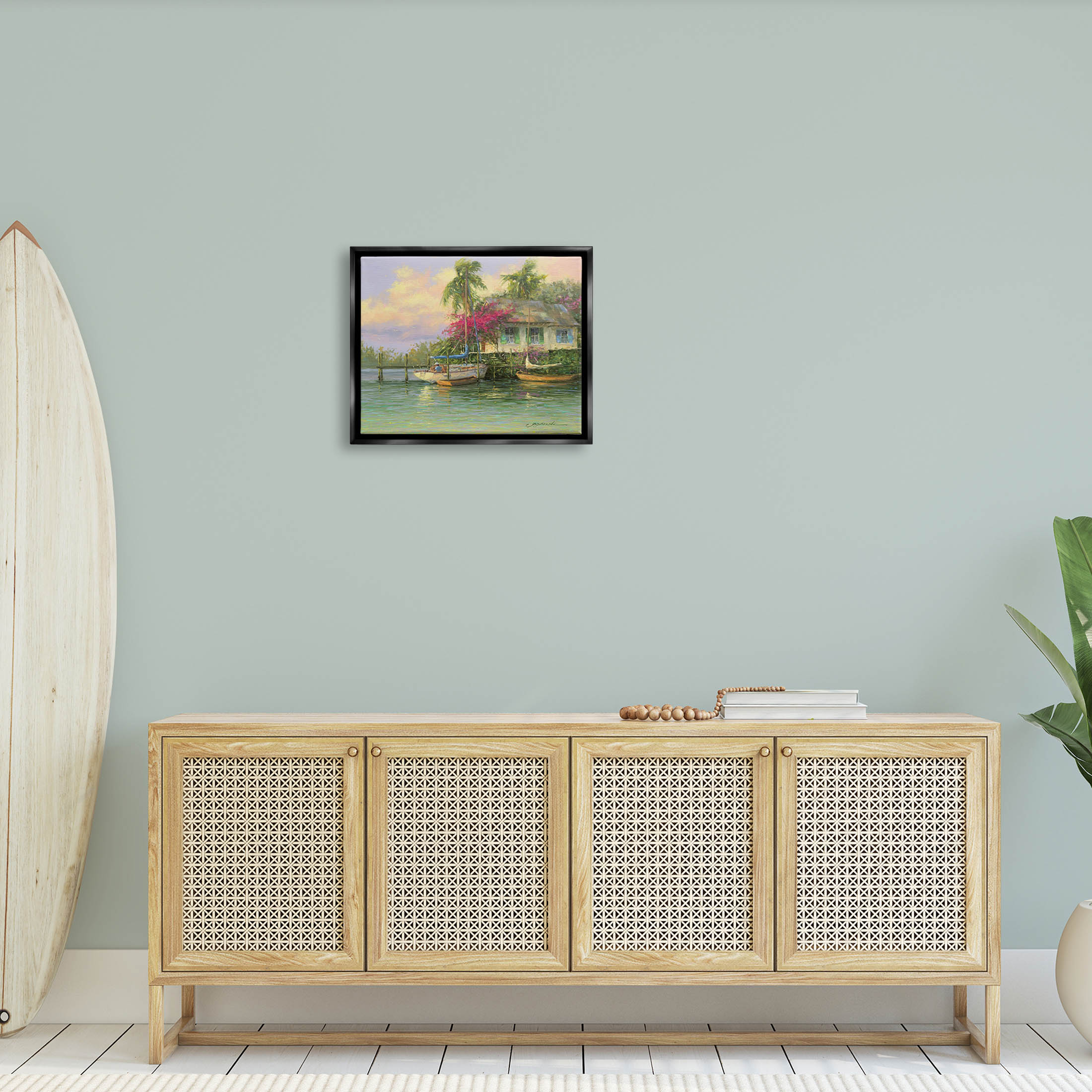 Tropical Vacation Seaside House Landscape Painting Jet Black Framed Art Print Wall Art