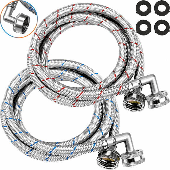 6FT Stainless Steel Washer Hoses with 90 Degree Elbows, 2 Pack Washing Machine Hose, Burst Proof Braided Hot & Cold Water Supply Lines, 3/4" FHT Standard Thread, Red Blue
