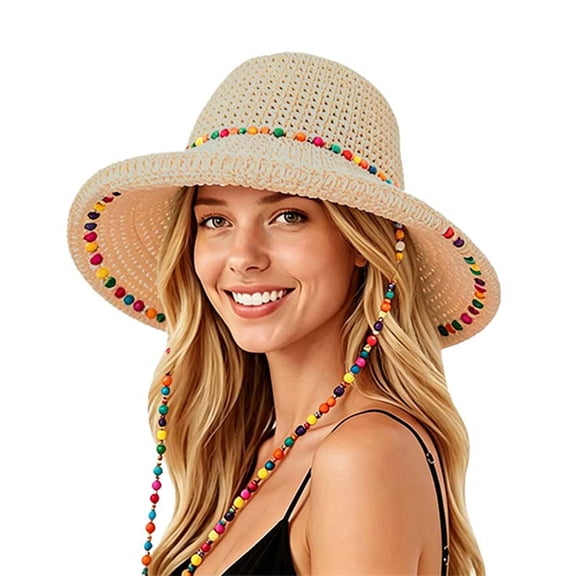 FINALGANG Womens Wide Brim Woven Straw Sun Hat With Colorful Beaded Chin Strap For Summer Beach Vacation Outdoor Activities Leisure Hat