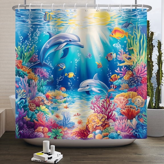 MIZHONA Summer Ocean Dolphin Shower Curtain Under The Sea Bathroom Curtain Decor with Hooks 72"W x 72"L