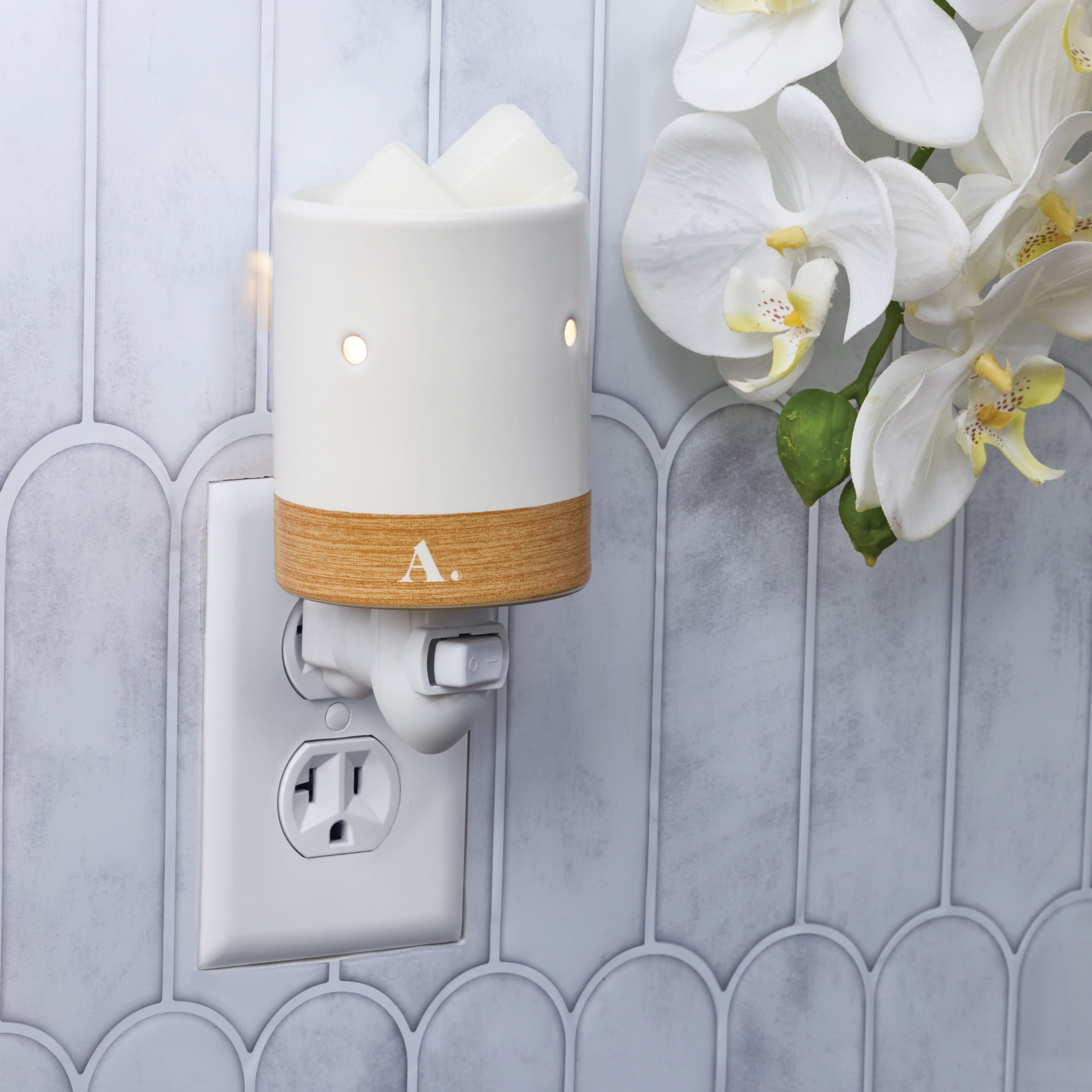 Allswell White Ceramic Pluggable Wax Warmer, Wood-Inspired Trim