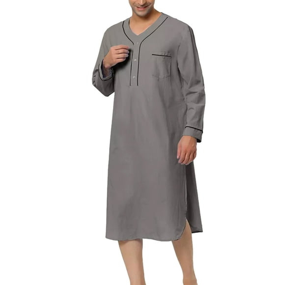 Faithtur Chemise de Nuit Homme Sleepwear Casual Manches Longues V Cou Chemise de Nuit Henley Loungewear avec Poche