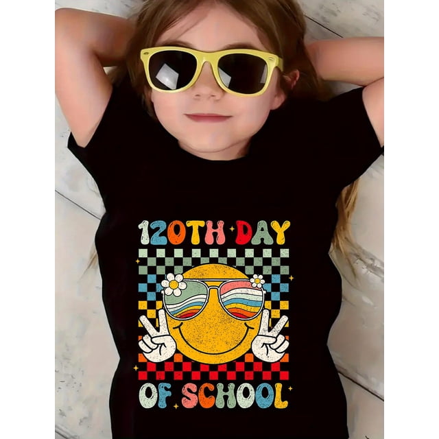 Girls' First Day of School T-Shirt - Back to School Graphic Tee with Peace Signs, Soft Stretchy Cotton Shirt, - Machine Washable - Casual Children's Clothing, Comfortable Knit Material
